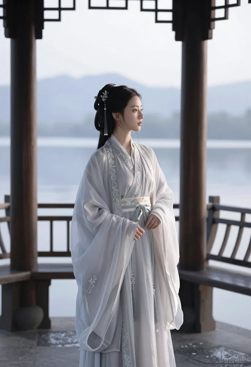 Serene Young Woman Stands Profile Traditional Wooden Balcony Overlooking Misty