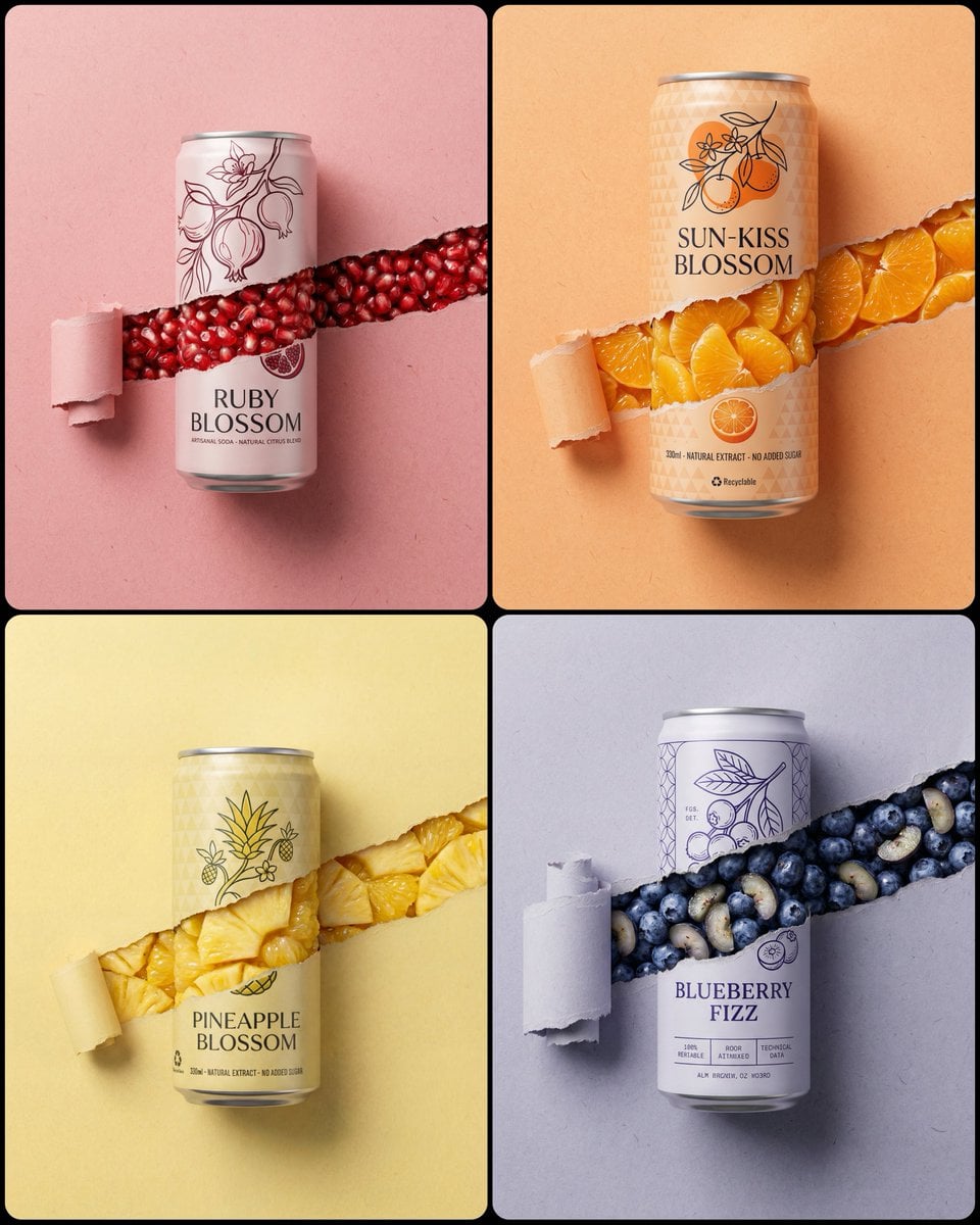 Photorealistic aluminum soda can with vibrant fruit segments visible through a paper tear on a textured background.