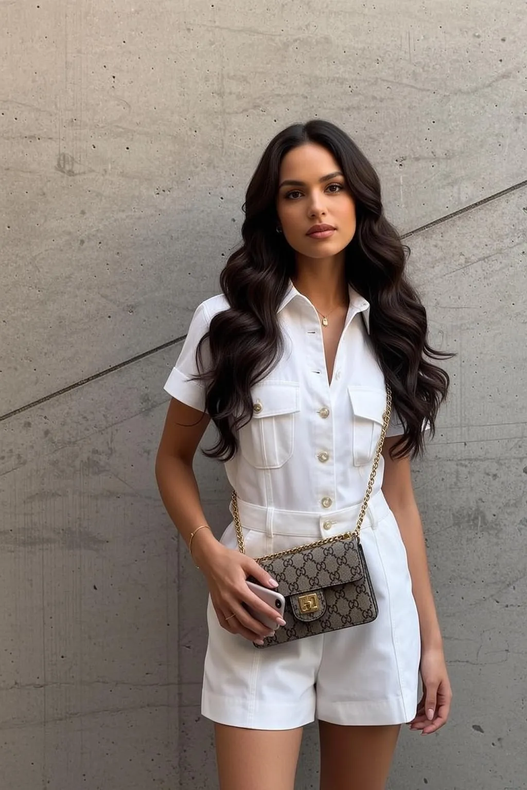White Jumpsuit Monogram Bag