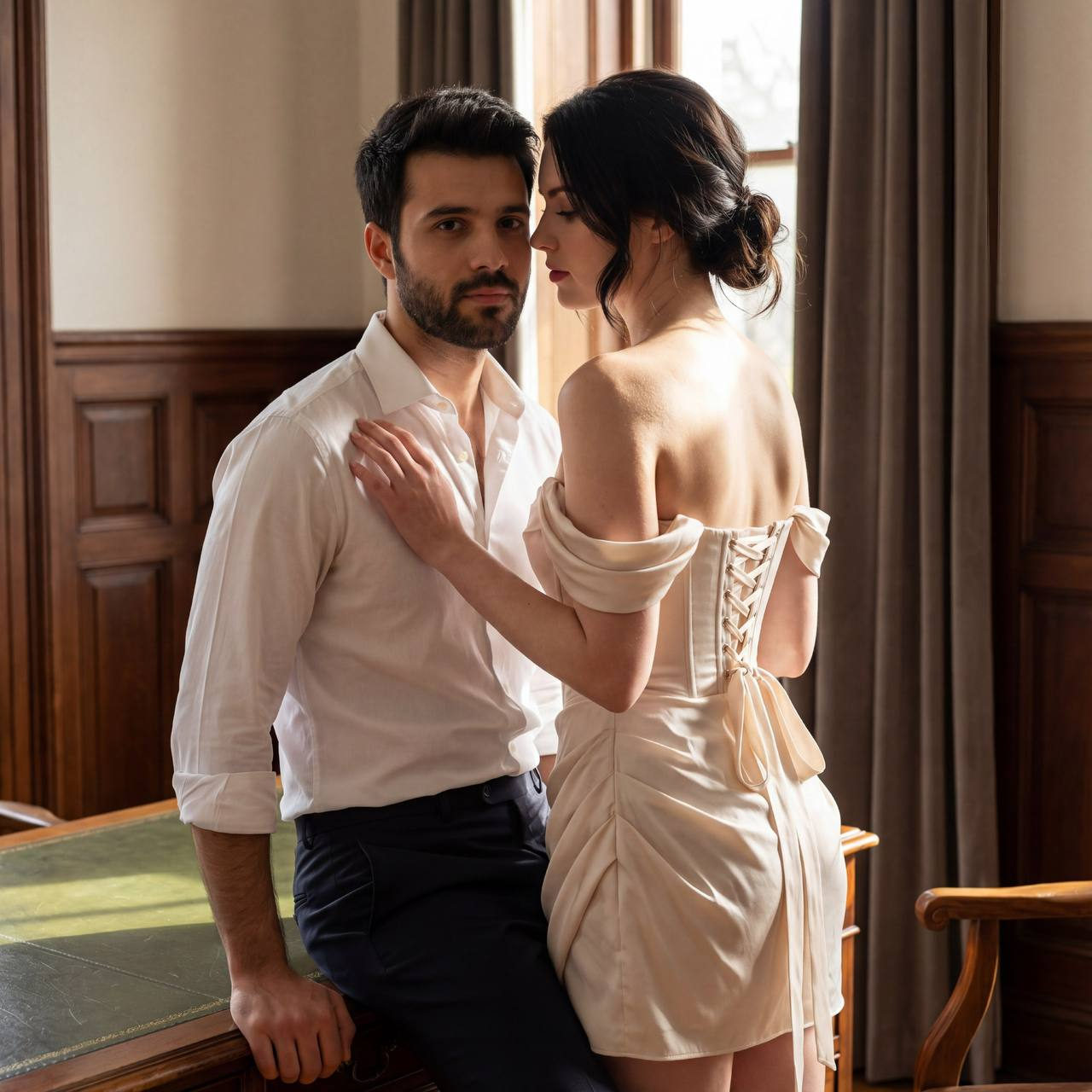 A romantic couple in an antique study, the woman leans toward the man while he sits elegantly on a table.