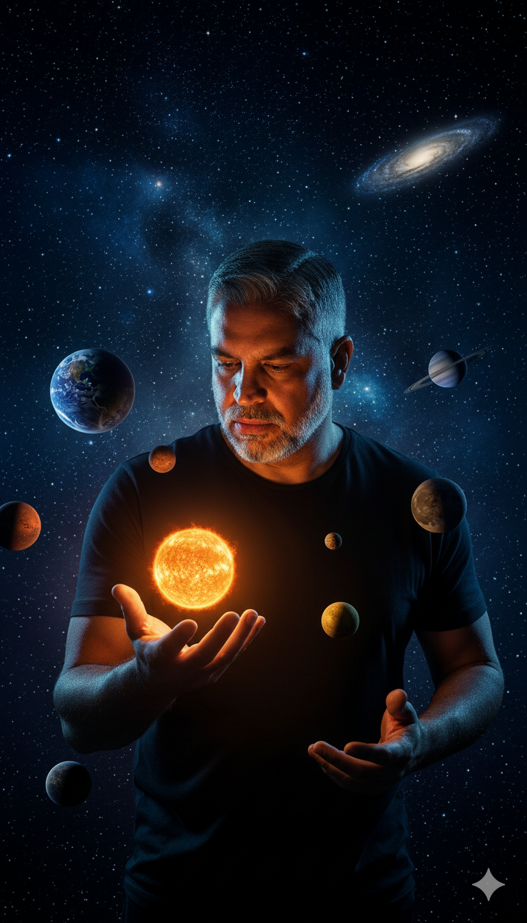 A person in a black t-shirt gazing at a miniature sun, surrounded by planets and a starry background.