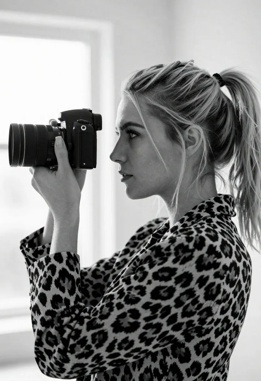 Woman Profile Holding Camera Her Eye Subject Blonde Woman With