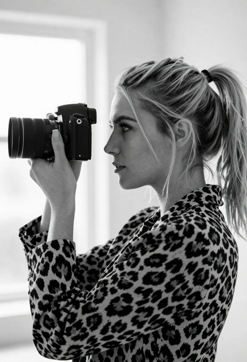 Woman Profile Holding Camera Her Eye Subject Blonde Woman With