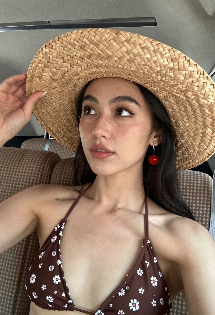 Close-up Selfie Woman With Dark Hair Wearing Large Woven Straw reference photo