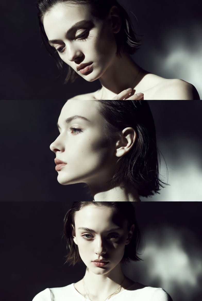 Monochrome Fashion Editorial Triptych Soft Lighting