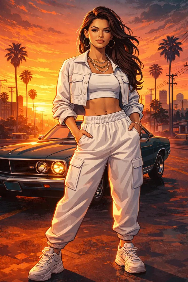 A young woman with long wavy dark brown hair wearing a white cropped denim jacket, posing confidently against an urban sunset backdrop.