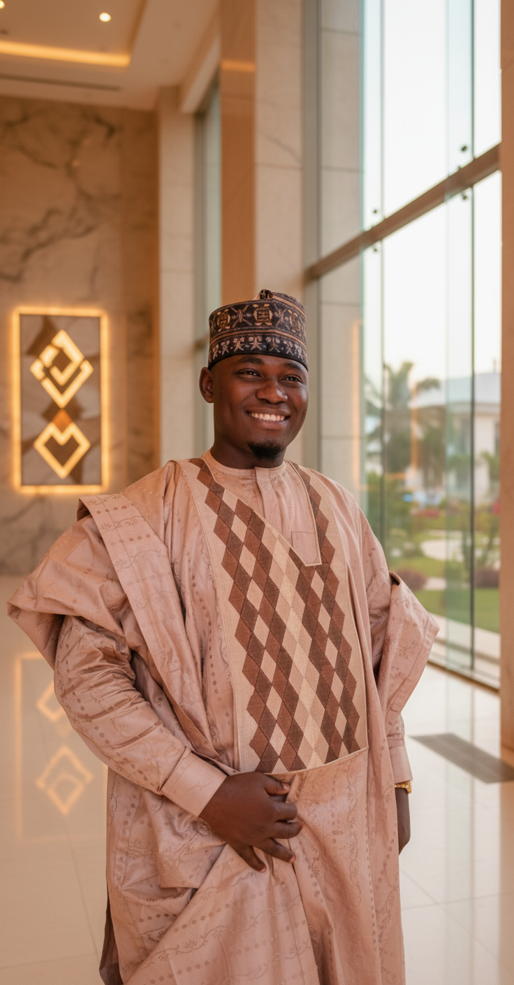 A young man confidently posing in luxurious Northern Nigerian attire, showcasing intricate patterns and textures.