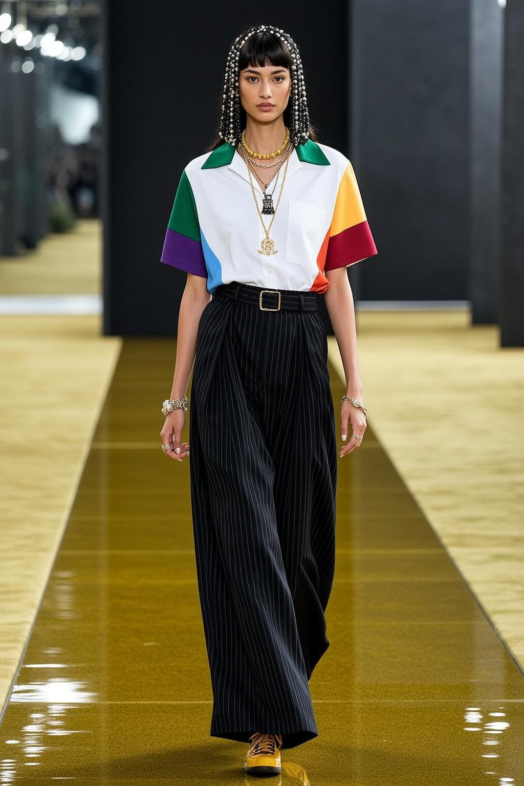 Runway Walk Color Block Shirt Black Pinstripe Pants
