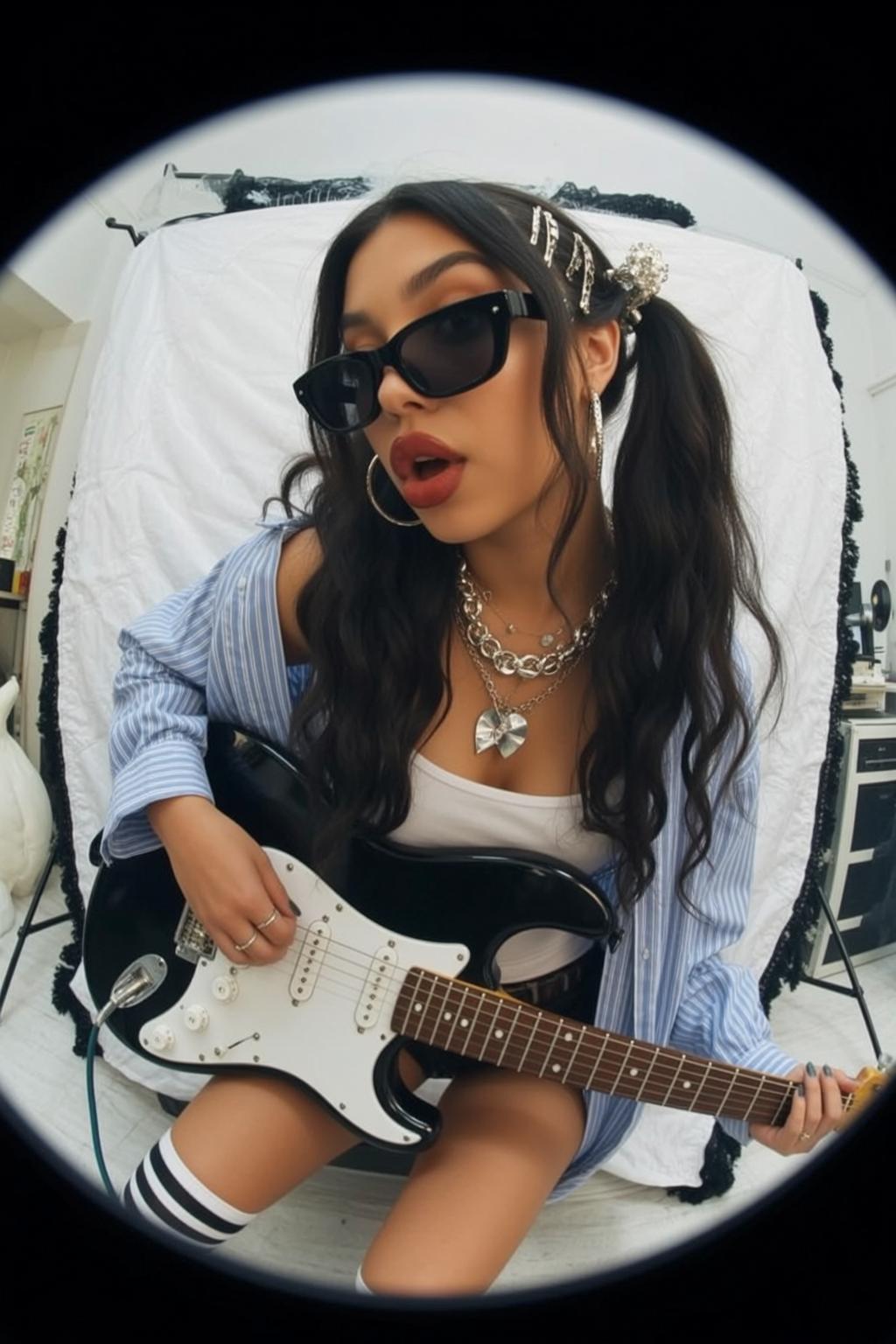 Fisheye Young Long Dark Wavy Pigtails Tan
