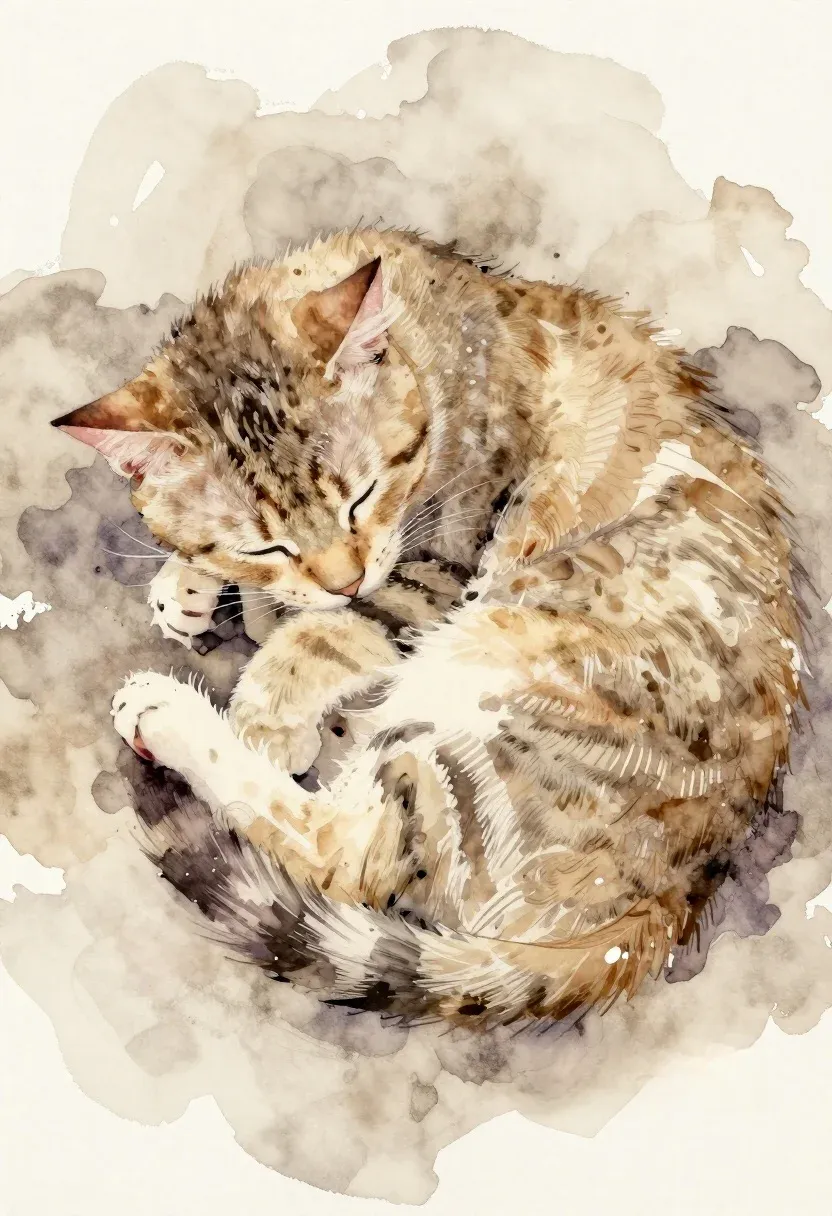 Sleeping Cat Curled Soft Watercolor Wash Beige And Brown Tones