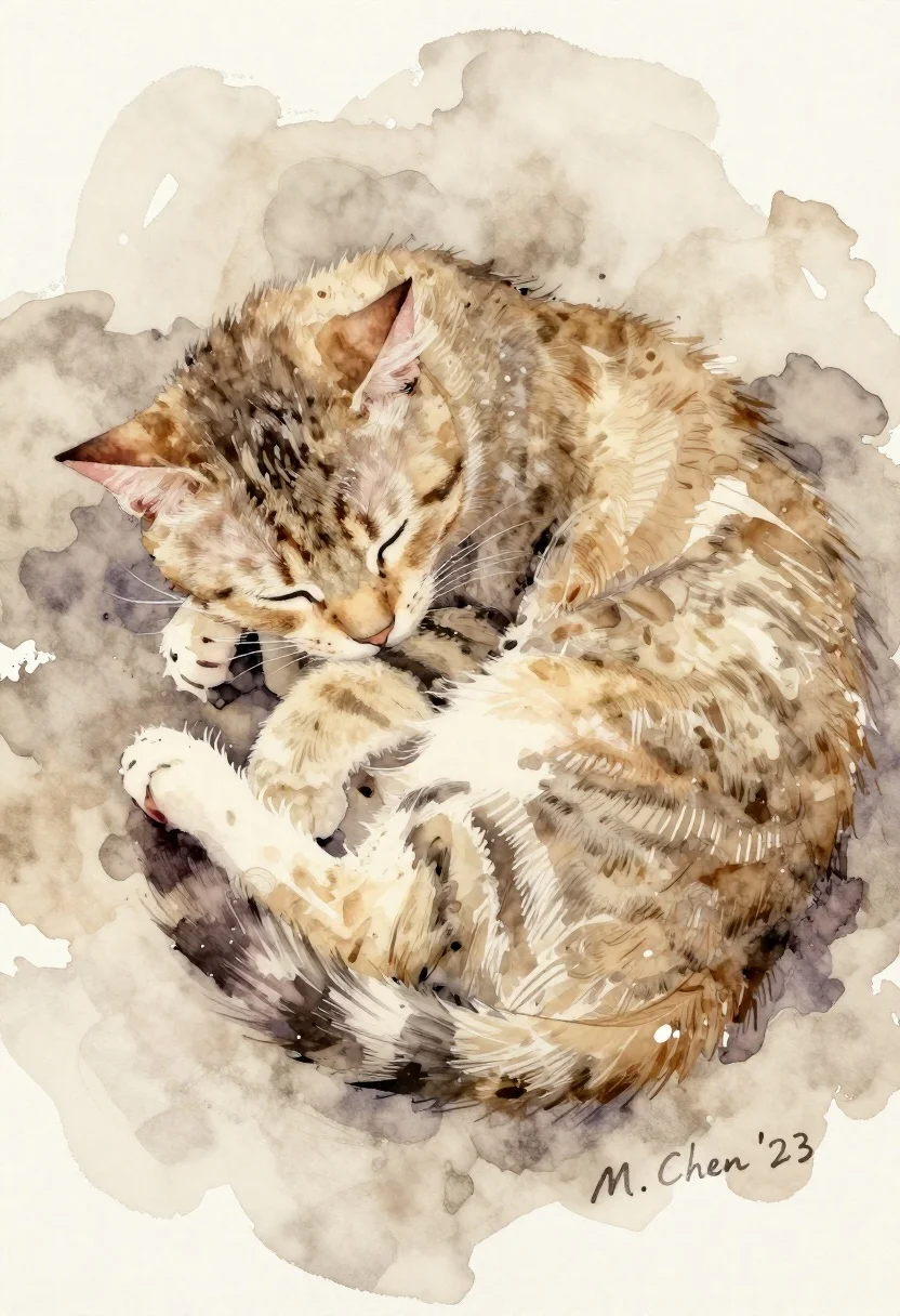 Sleeping Cat Curled Soft Watercolor Wash Beige And Brown Tones