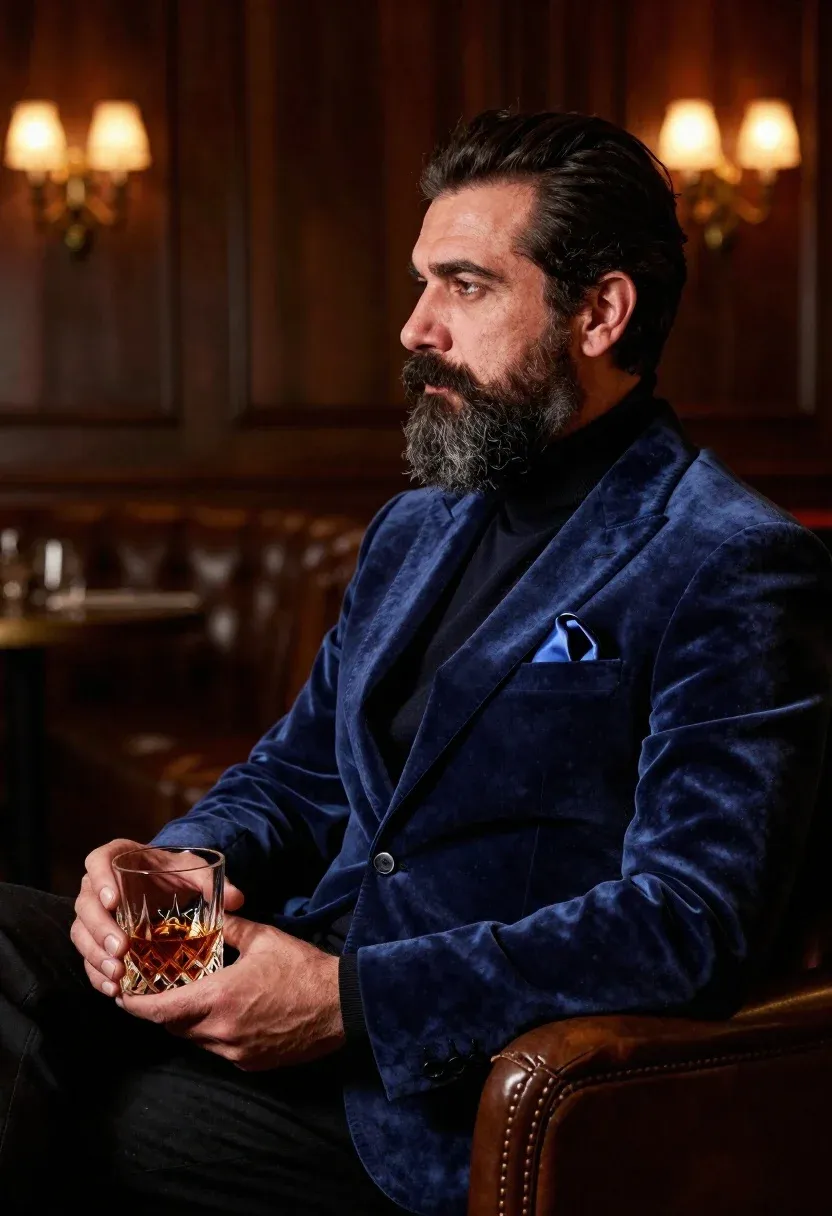 Middle-aged Man With Thick Beard Sits Profile Holding Glass Amber