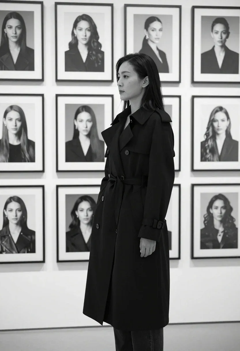 Woman Stands Gallery Space Surrounded Wall Framed Black And White