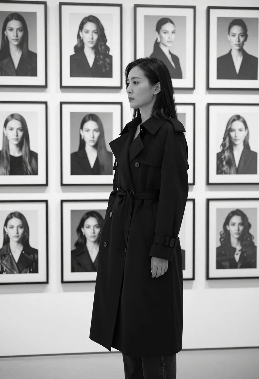 Woman Stands Gallery Space Surrounded Wall Framed Black And White