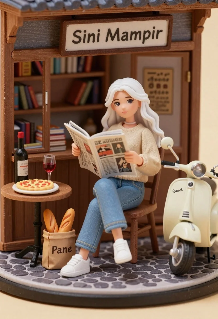 Miniature Diorama Featuring Young Woman With Long White Hair Sitting