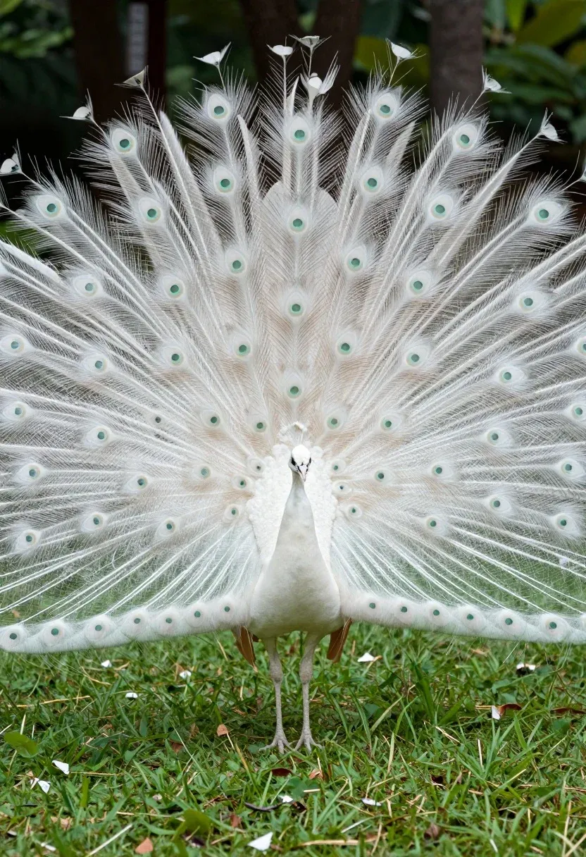 Majestic White Peacock Stands Lush Green Field With Its Tail