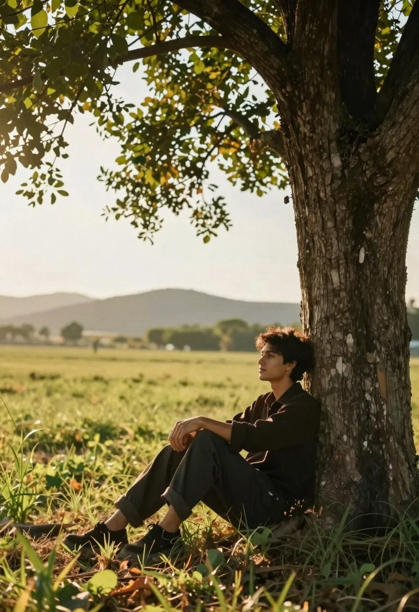 Contemplative Man Sits Alone The Base Massive Tree Sun-drenched Field