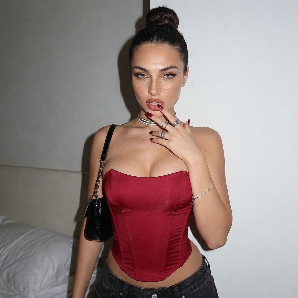 Ava posing confidently in a minimal bedroom, wearing a deep red strapless top and fitted denim jeans, with soft waves and stylish accessories.