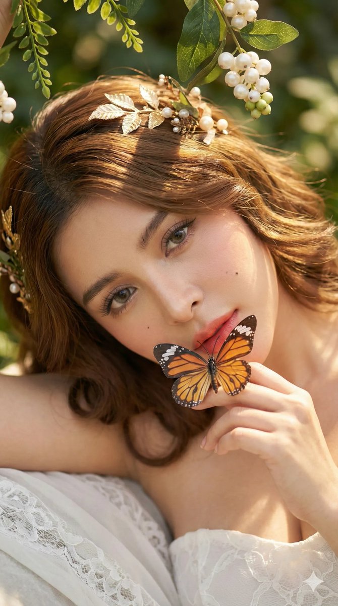Close-up of a young woman lying on her side with medium brown hair and a soft coral-pink lip, featuring an orange and black butterfly on her fingers.