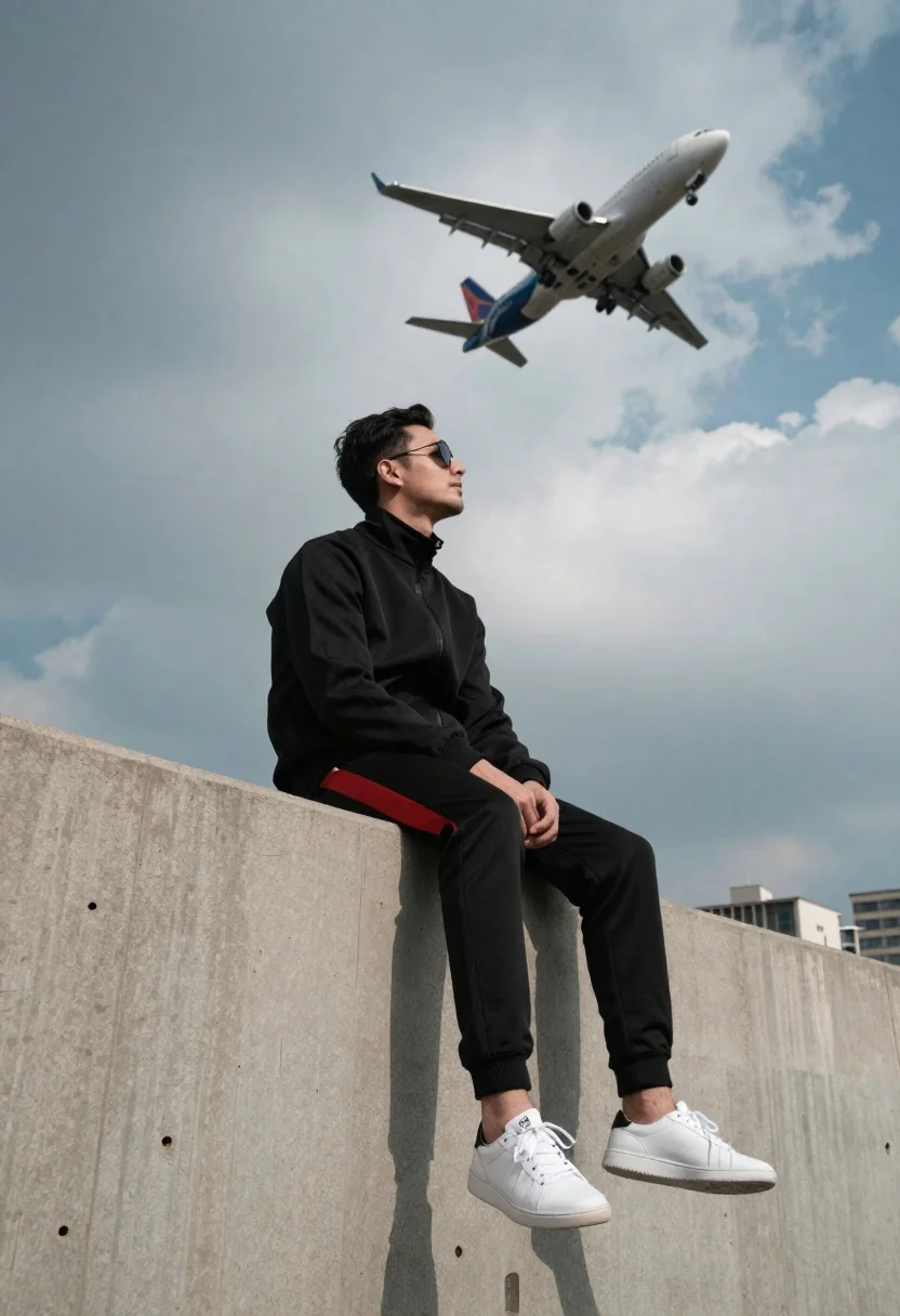 Cinematic Low-angle Shot Man Sitting Concrete Barrier Against Dramatic Sky reference photo