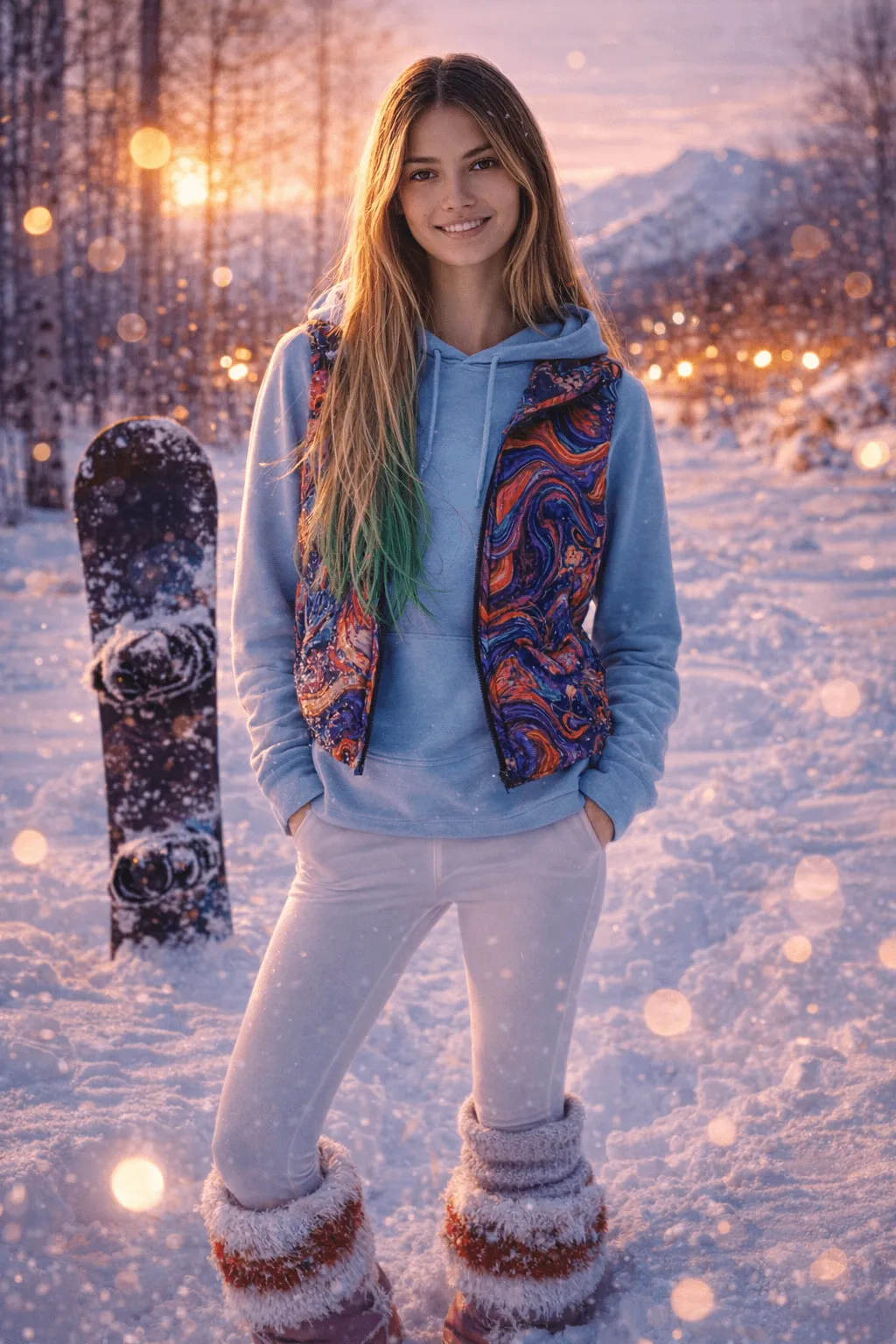 Snowy Night Fashion Portrait Snowboarder Outfit
