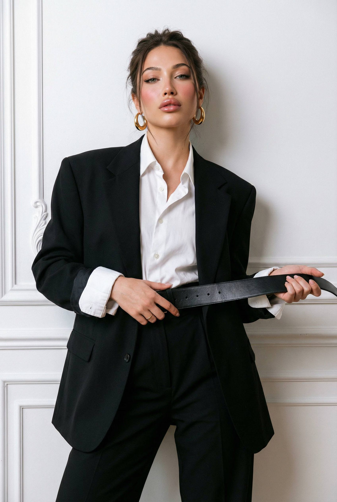 A stylish woman in an oversized blazer against a classic decorative wall, exuding confidence.