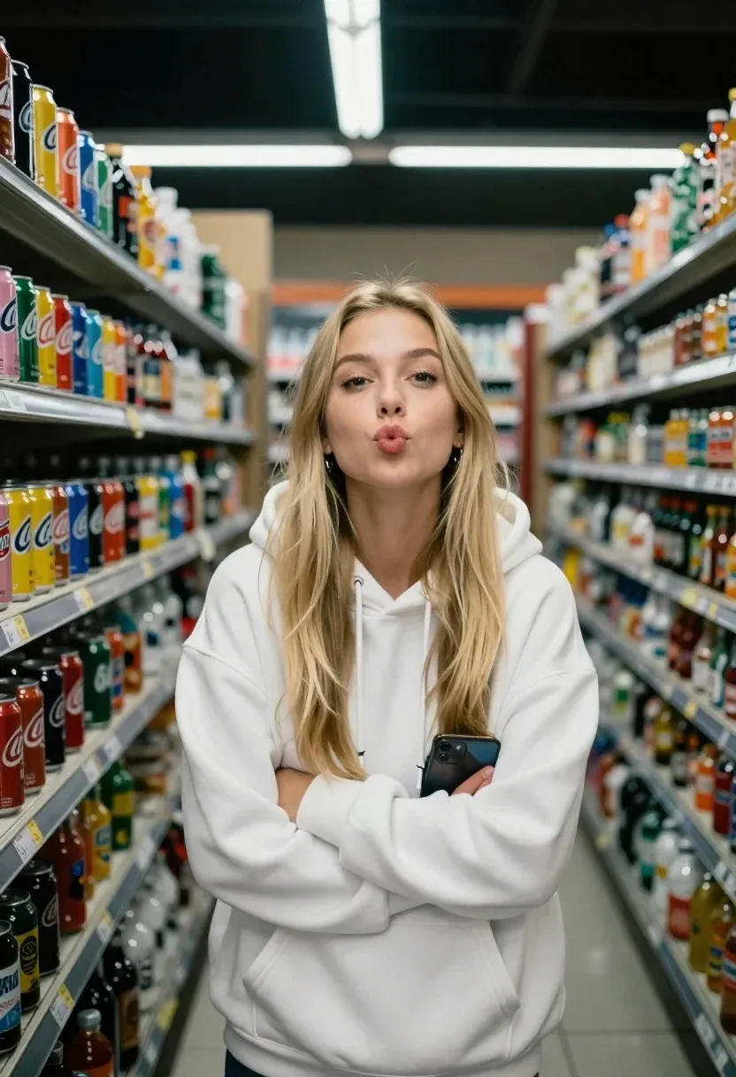 Young Woman With Long Blonde Hair Stands Dimly Lit Supermarket