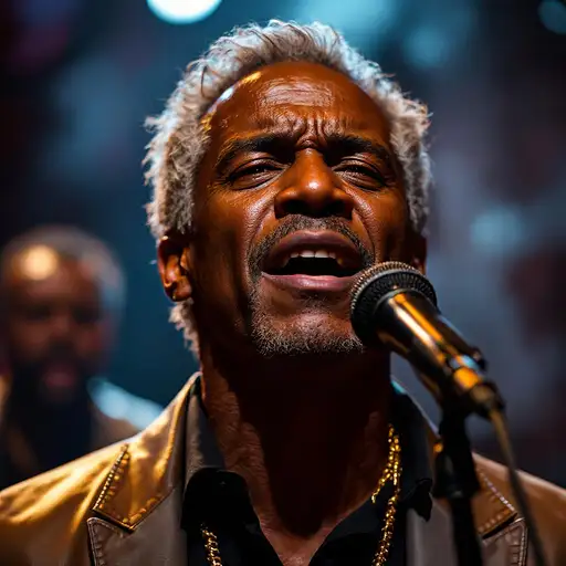 Close-up portrait of a mature Black man singing with passion, gray hair, soulful eyes, set against moody stage lighting.
