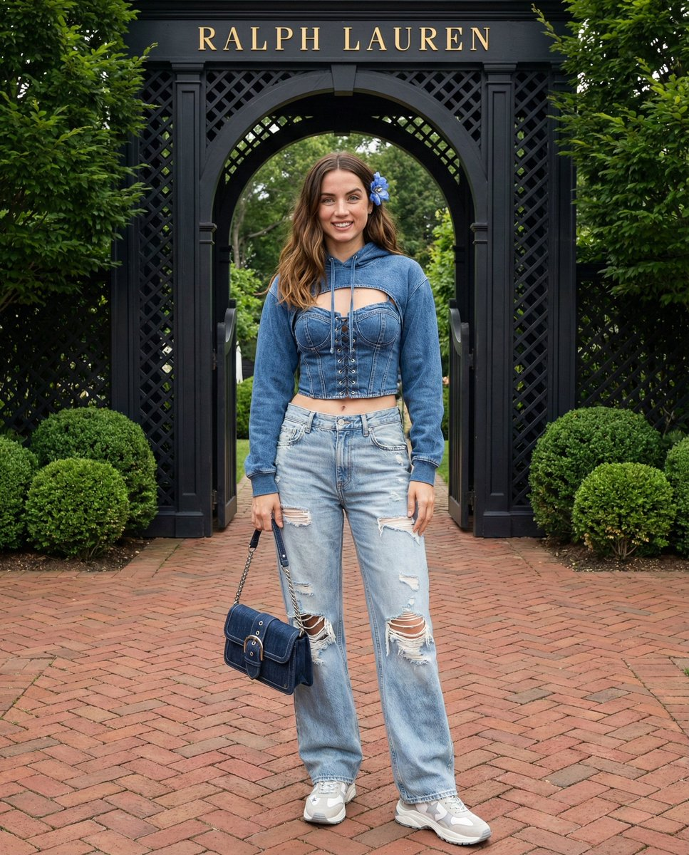 Full-body shot of a young woman with fair skin and long wavy brown hair in a denim-on-denim outfit, smiling in a garden.