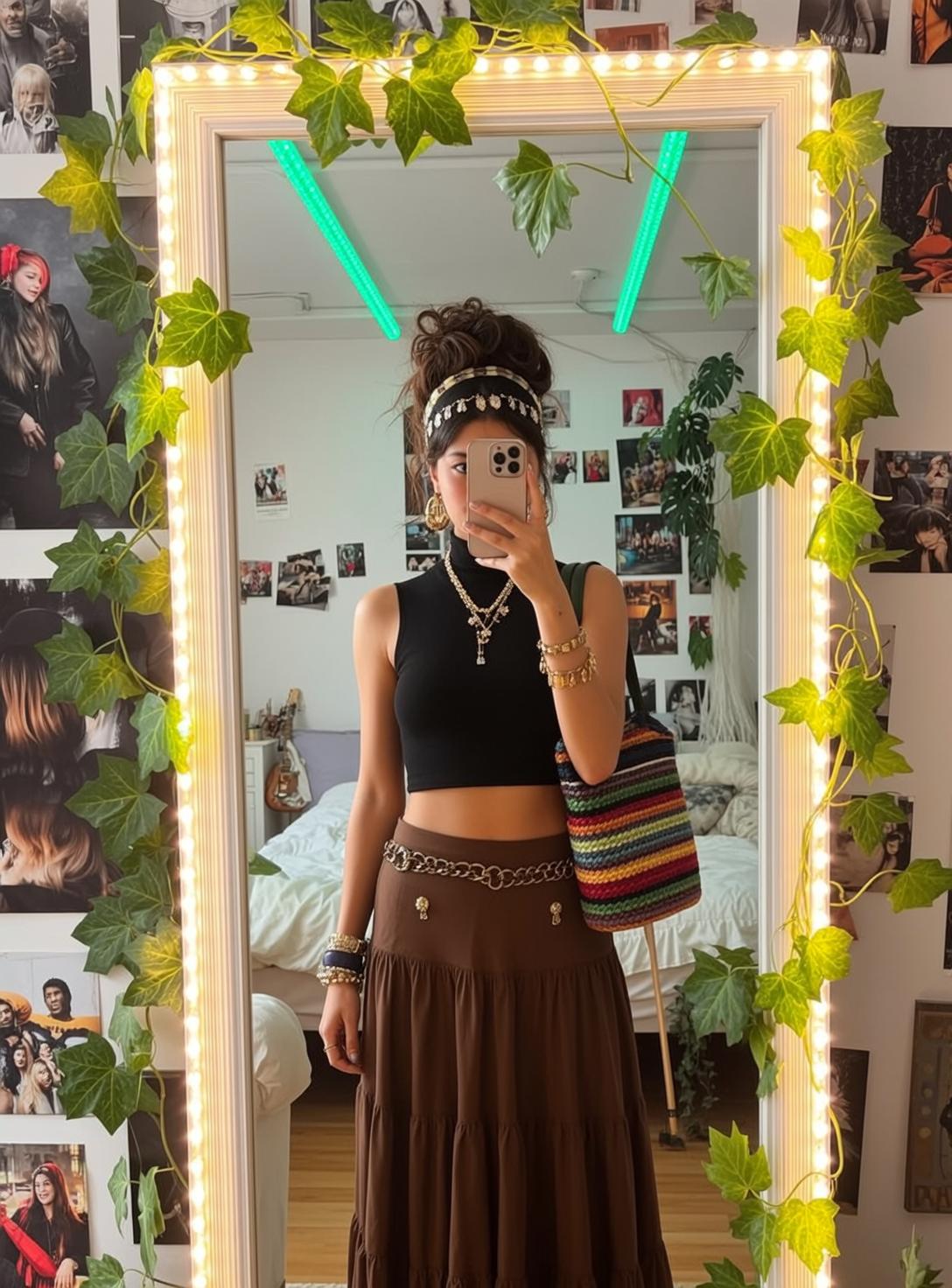 Bedroom Mirror Selfie Patterned Headband Striped Bag