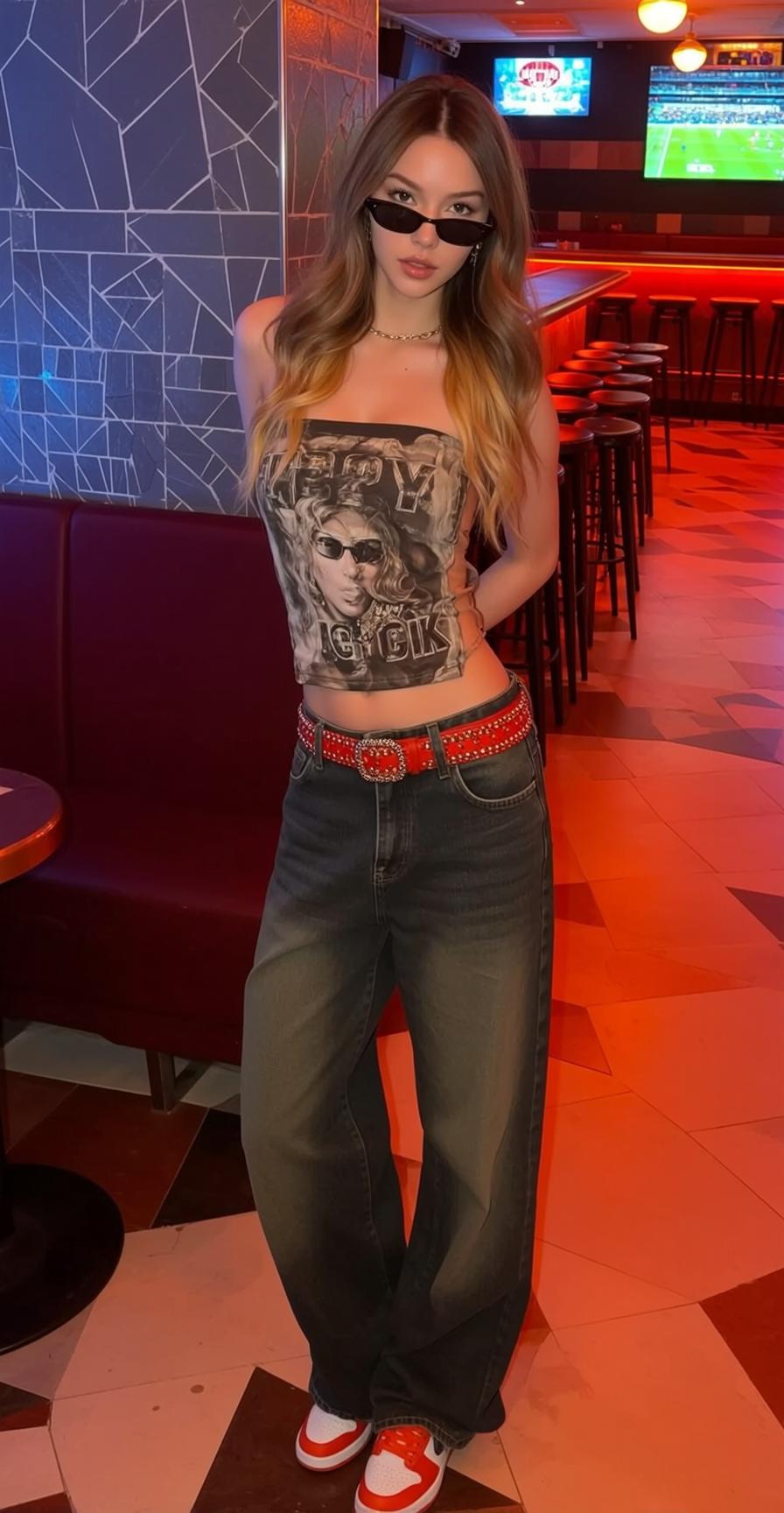 Blonde Woman Bar Graphic Top Denim Jeans