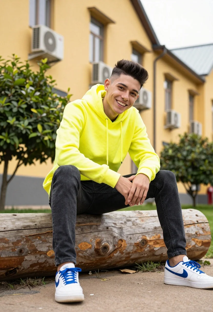 Young Man Sits Casually Large Wooden Log Outdoor Urban Setting