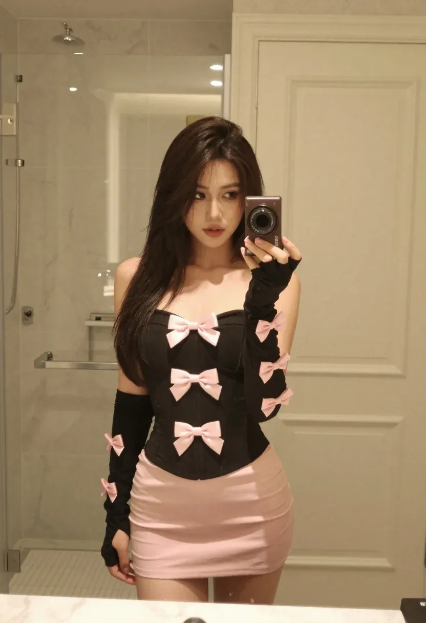Young Woman With Long Dark Hair Takes Mirror Selfie Bathroom