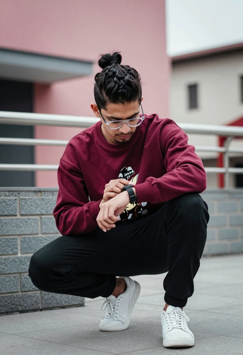 Young Man Crouching Modern Urban Plaza While Adjusting His Wristwatch