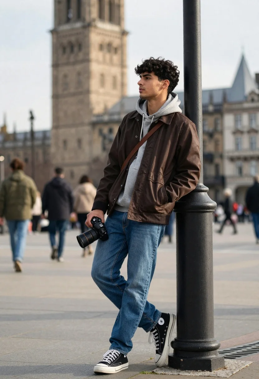 Young Man With Dark Curly Hair Leans Casually Against Black
