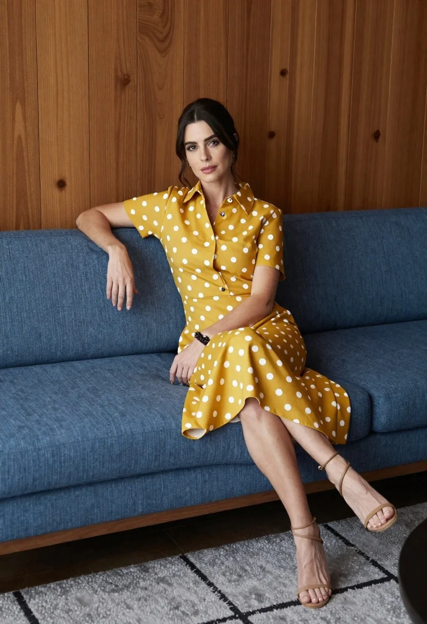Woman With Dark Hair Pulled Back Sits Elegantly Modern Blue reference photo