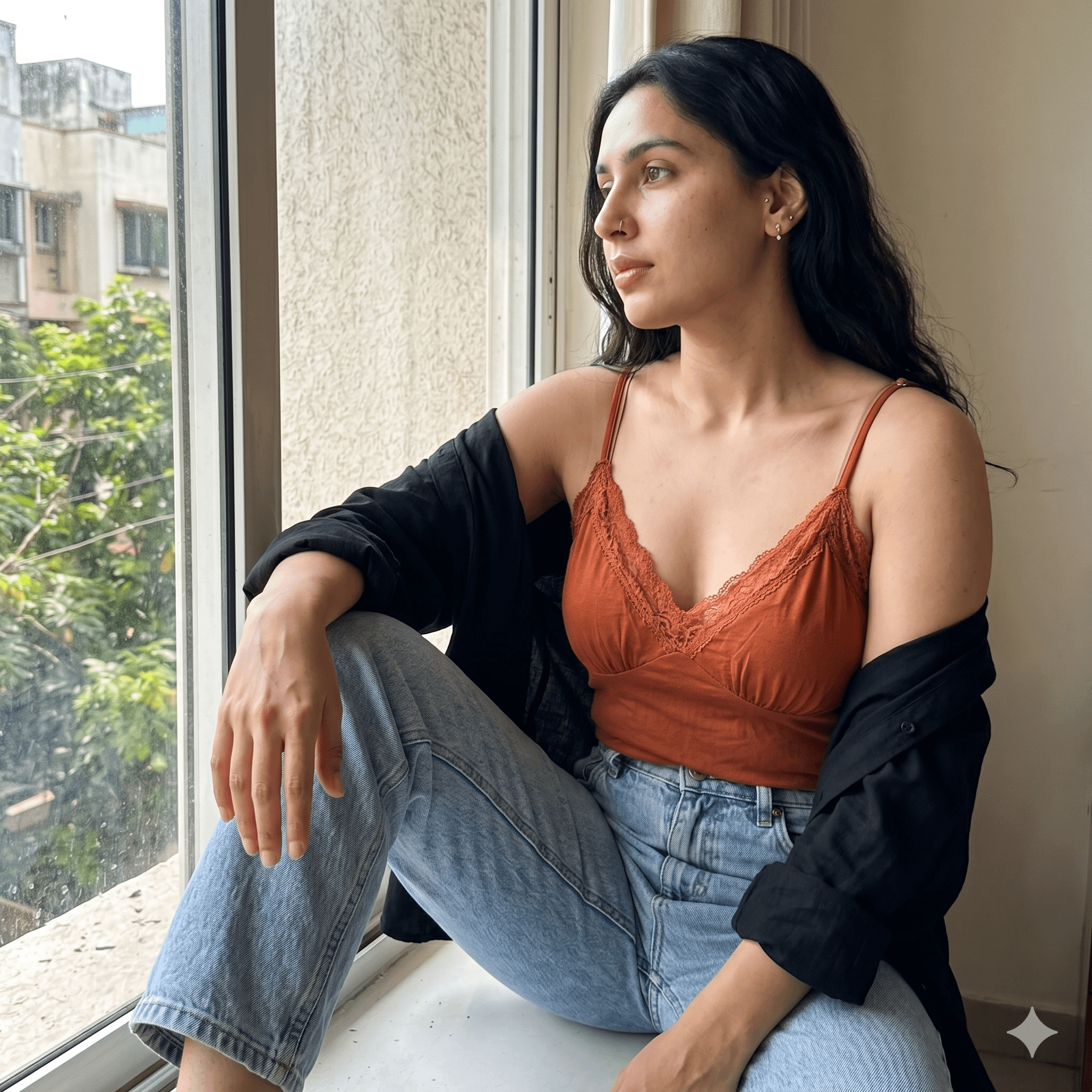 Rust Orange Camisole Light Wash Jeans Profile View