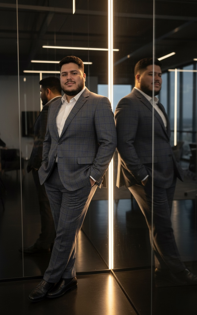 Homem com terno cinza xadrez apoiado em um painel reflexivo, sorrindo confiantemente com iluminação suave.