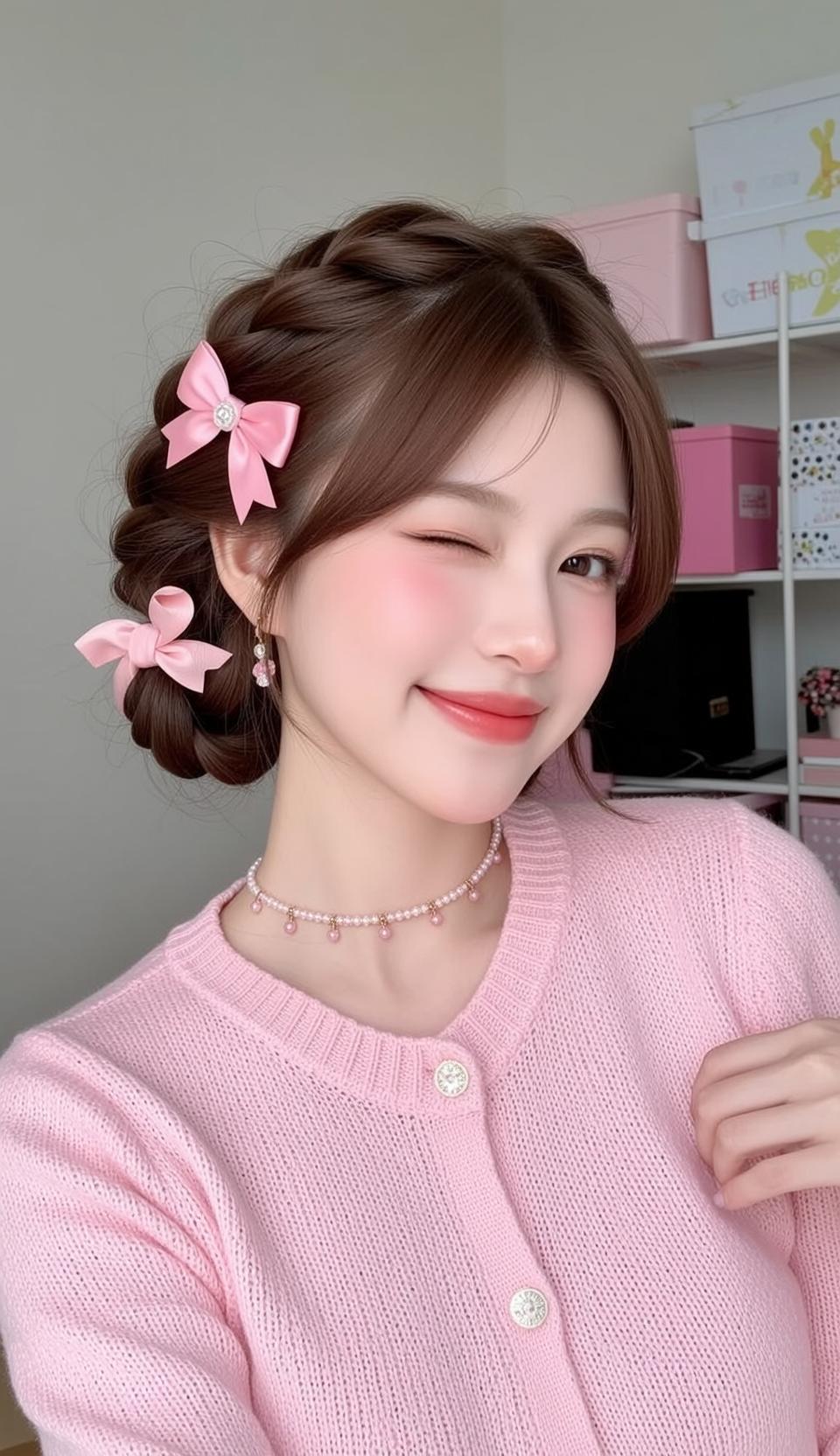 Pink Cardigan Pearl Choker Cute Indoors