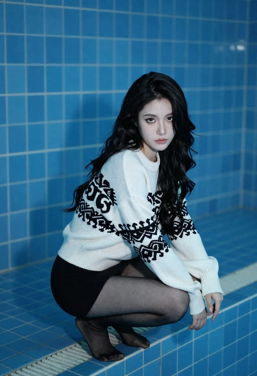 Woman With Long Dark Hair Sits The Edge Tiled Swimming reference photo