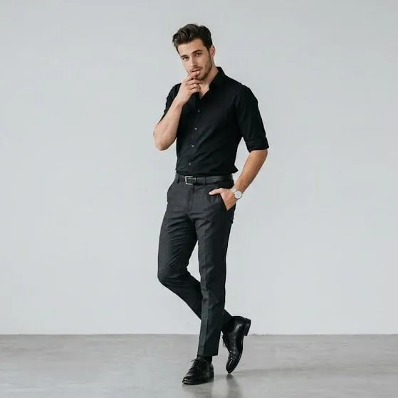 Fitted Black Button Up Shirt Sleeves Rolled In Plain Light