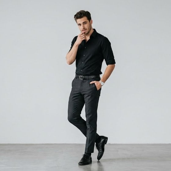 Fitted Black Button Up Shirt Sleeves Rolled In Plain Light