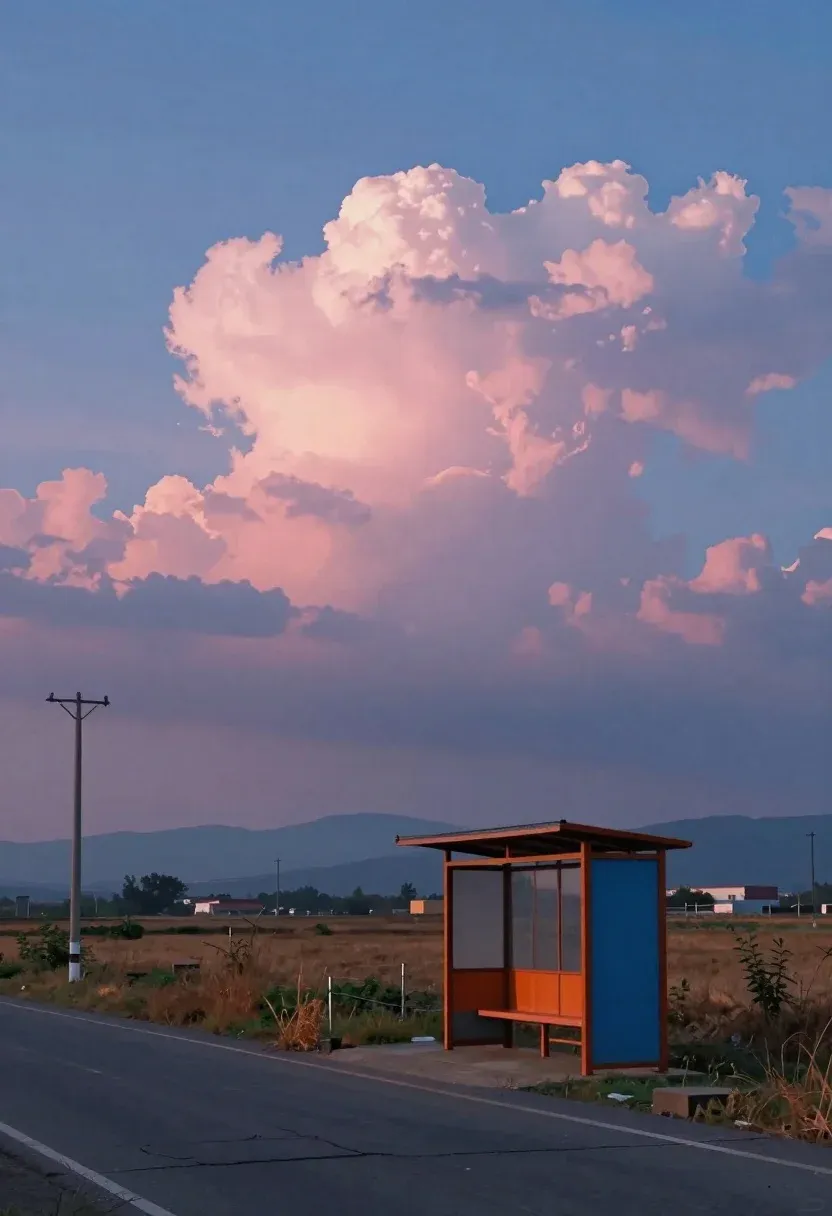Solitary Bus Stop Rural Landscape Under Vast Sky Filled With