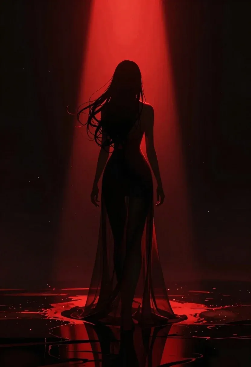 Digital Art Illustration Mysterious Female Figure Standing Silhouette Against Dramatic