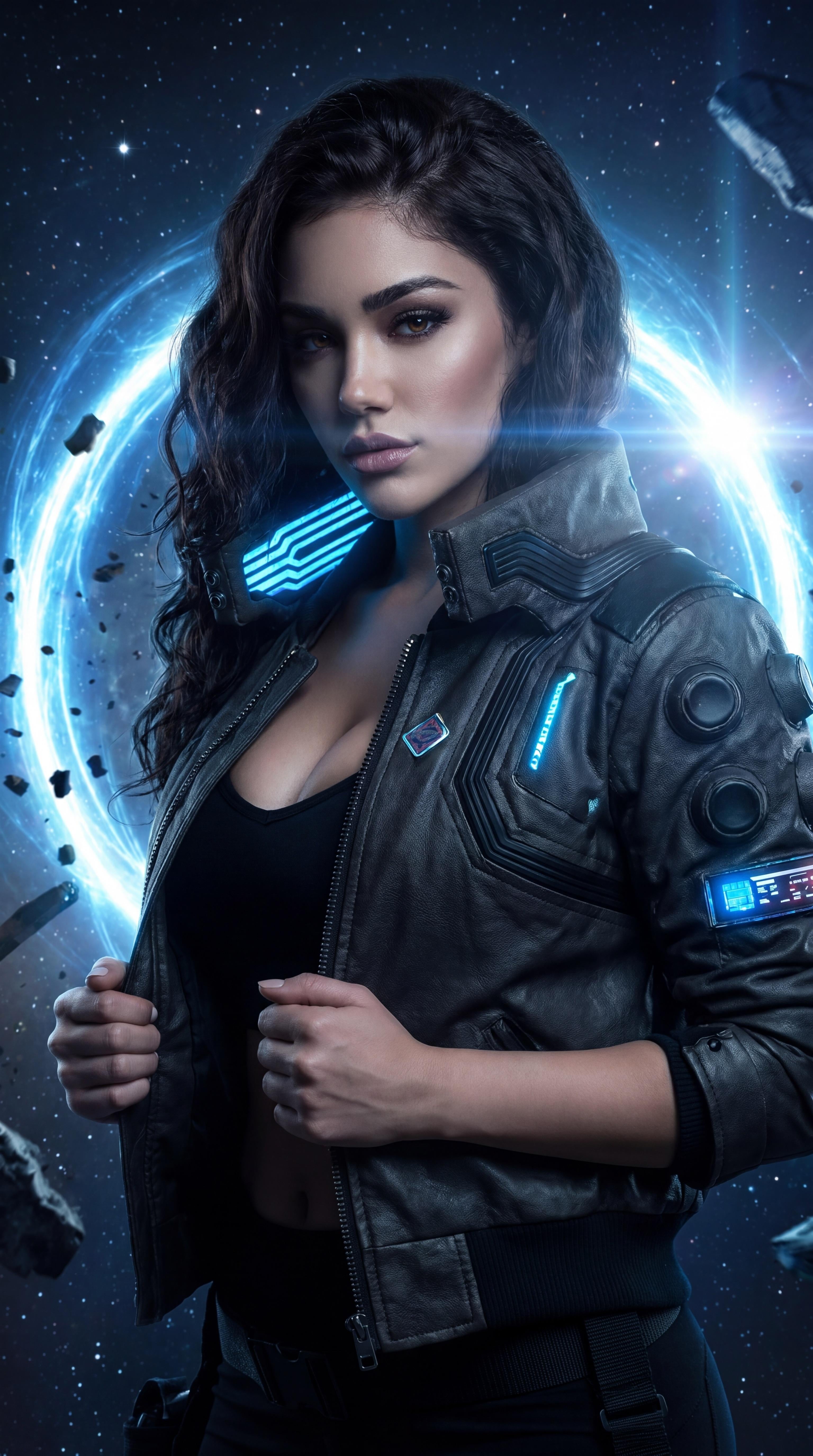 Cosmic Bomber Jacket With Blue Neon Light reference photo