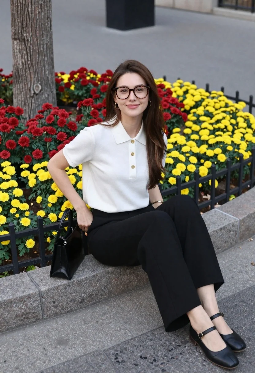 Young Woman With Long Brown Hair Sits Casually Stone Curb reference photo