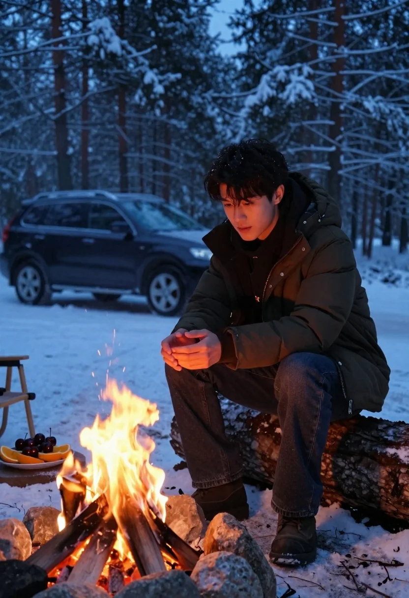 Young Man Sits Campfire Snowy Forest Dusk Warming His Hands