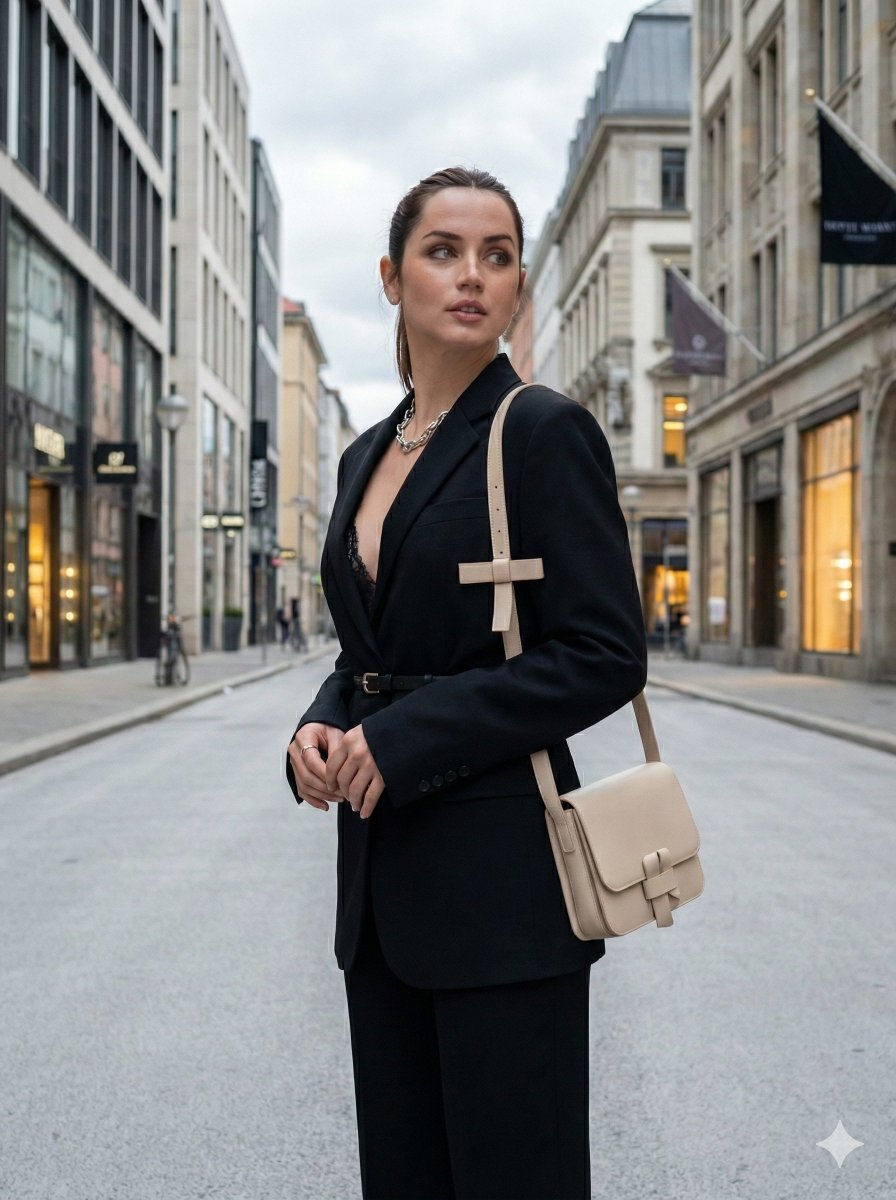 A confident female model in a black oversized suit, standing on a city street with warm reflections from shop windows.