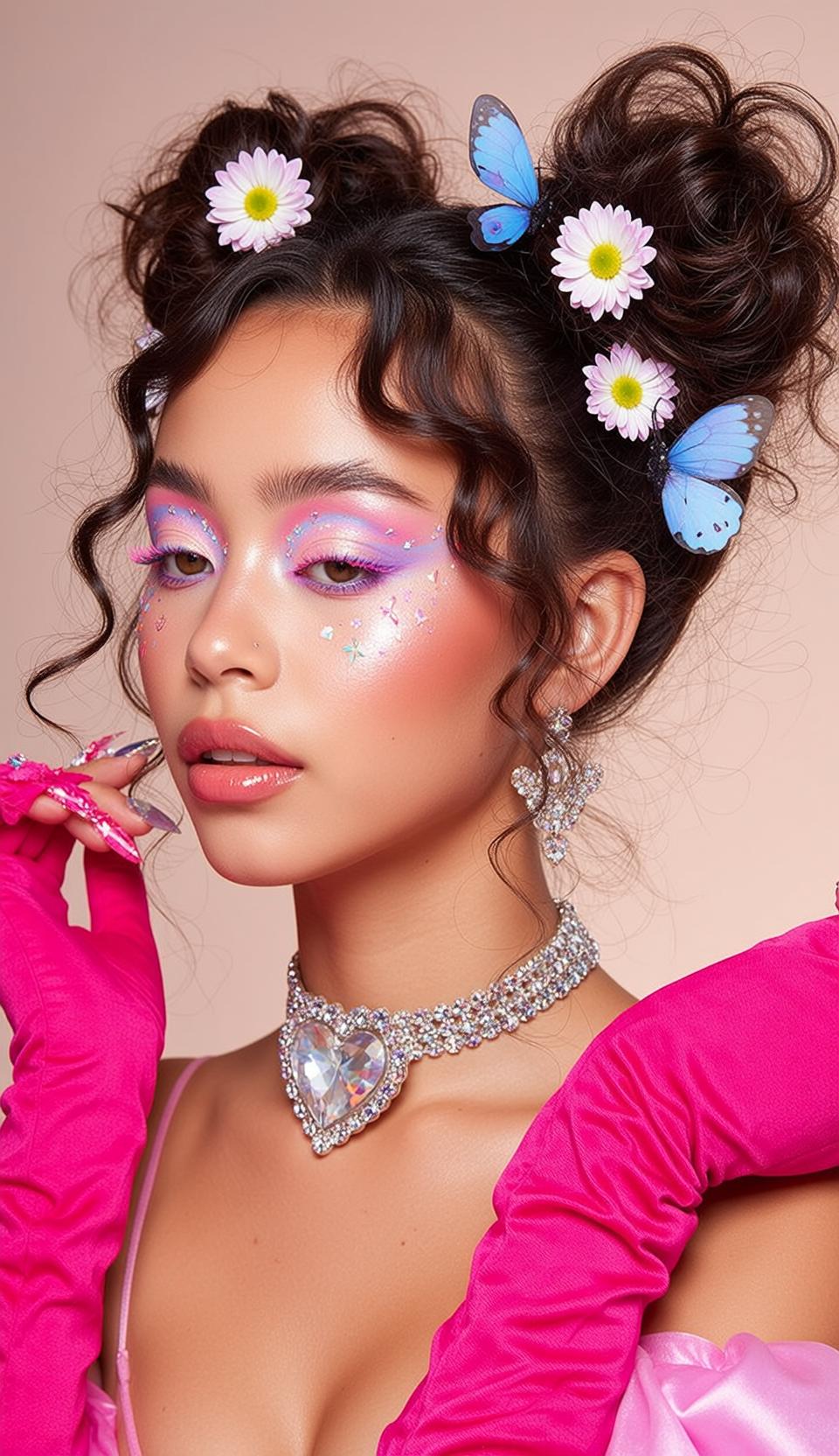 Pink Satin Top Fuchsia Gloves Diamond Choker