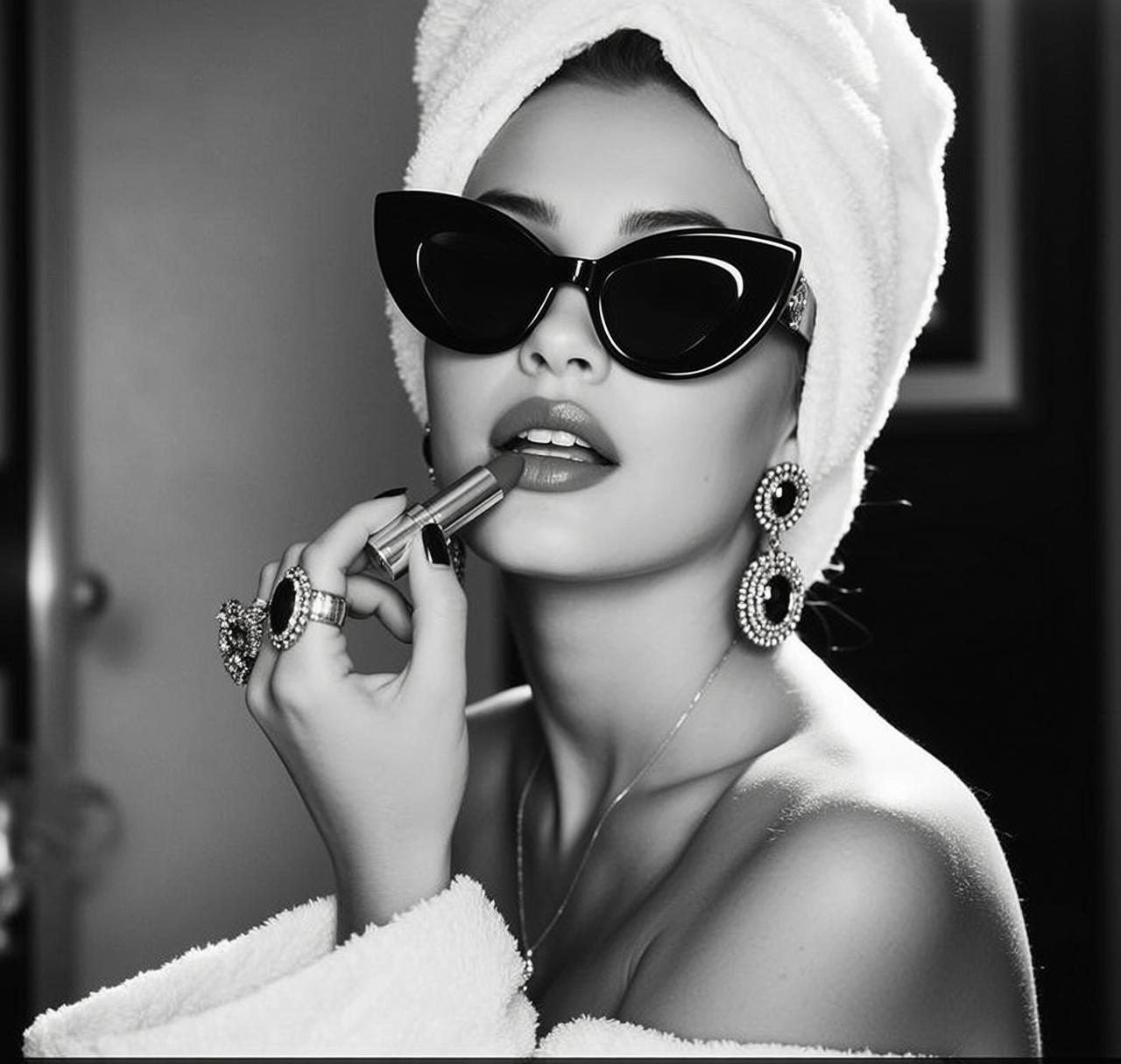 Black And White Medium Shot Portrait Glamorous Young Woman With